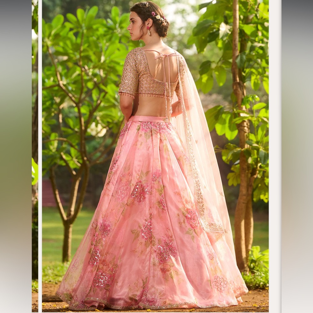 Blush Pink Floral Lehenga with Gold Embellished Blouse - Picture 3 of 16